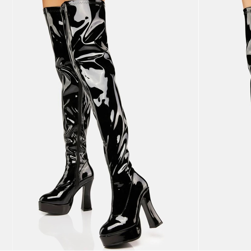 Dolls Kill above knee pleather high heel boots